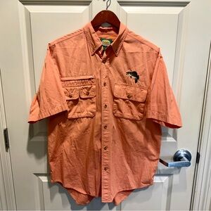 Cabela's Orange Mesh Safari Vented Fishing Dad Shirt Embroidered Fish Medium